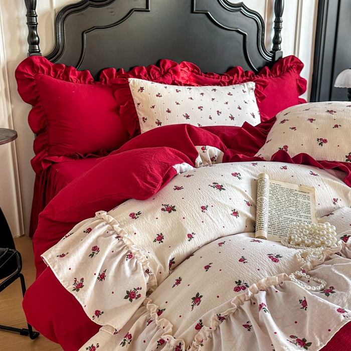 贝凯瑞 2026仿棉皱皱纱双层纱木棉仿棉水洗棉喜庆浪漫大红四件套-盛世 盛世暖眠