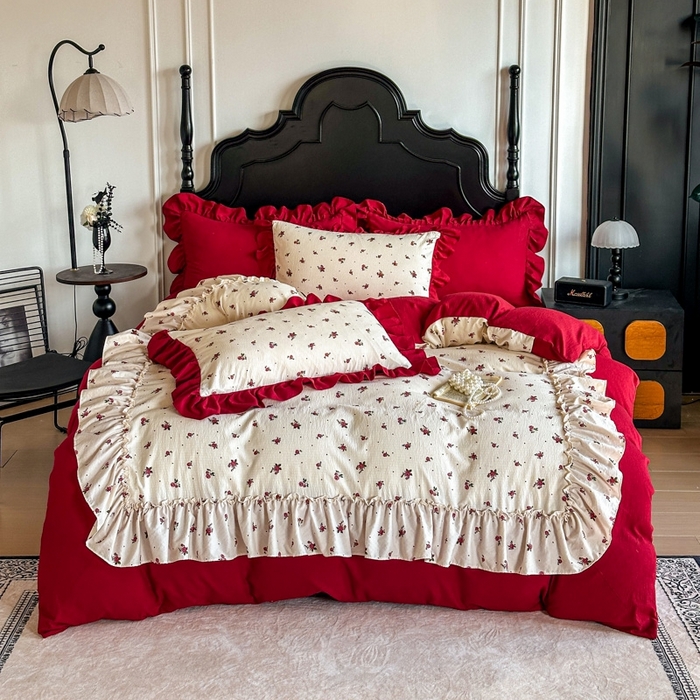 91家纺网 家纺一手货源 找家纺 贝凯瑞 2026仿棉皱皱纱双层纱木棉仿棉水洗棉喜庆浪漫大红四件套-盛世 盛世暖眠