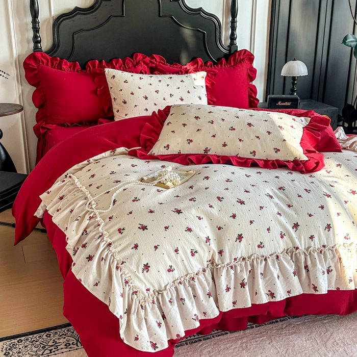 91家纺网 家纺一手货源 找家纺 贝凯瑞 2026仿棉皱皱纱双层纱木棉仿棉水洗棉喜庆浪漫大红四件套-盛世 盛世暖眠