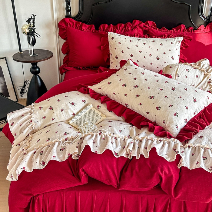 91家纺网 家纺一手货源 找家纺 贝凯瑞 2026仿棉皱皱纱双层纱木棉仿棉水洗棉喜庆浪漫大红四件套-盛世 盛世暖眠