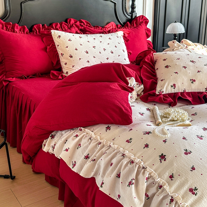 91家纺网 家纺一手货源 找家纺 贝凯瑞 2026仿棉皱皱纱双层纱木棉仿棉水洗棉喜庆浪漫大红四件套-盛世 盛世暖眠