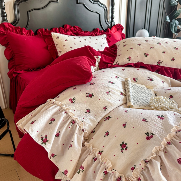 91家纺网 家纺一手货源 找家纺 贝凯瑞 2026仿棉皱皱纱双层纱木棉仿棉水洗棉喜庆浪漫大红四件套-盛世 盛世暖眠