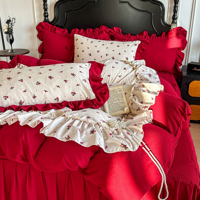 91家纺网 家纺一手货源 找家纺 贝凯瑞 2026仿棉皱皱纱双层纱木棉仿棉水洗棉喜庆浪漫大红四件套-盛世 盛世暖眠