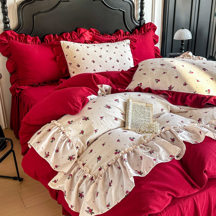 91家纺网 家纺一手货源 找家纺 贝凯瑞 2026仿棉皱皱纱双层纱木棉仿棉水洗棉喜庆浪漫大红四件套-盛世 盛世暖眠