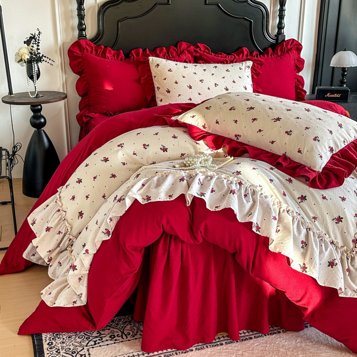 91家纺网 家纺一手货源 找家纺 贝凯瑞 2026仿棉皱皱纱双层纱木棉仿棉水洗棉喜庆浪漫大红四件套-盛世 盛世暖眠