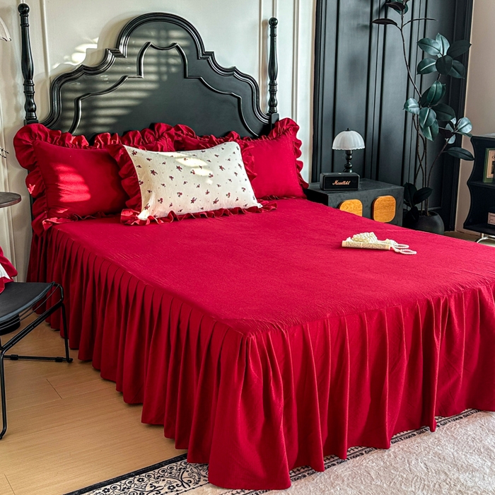 91家纺网 家纺一手货源 找家纺 贝凯瑞 2026仿棉皱皱纱双层纱木棉仿棉水洗棉喜庆浪漫大红四件套-盛世 盛世暖眠