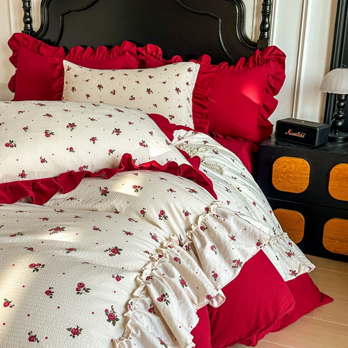 91家纺网 家纺一手货源 找家纺 贝凯瑞 2026仿棉皱皱纱双层纱木棉仿棉水洗棉喜庆浪漫大红四件套-盛世 盛世暖眠