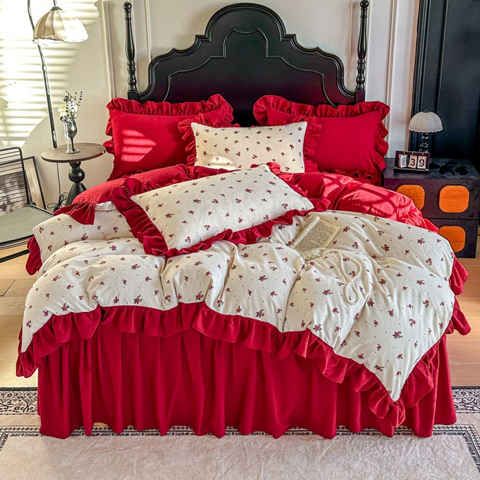 91家纺网 家纺一手货源 找家纺 （总）贝凯瑞 2026仿棉皱皱纱双层纱木棉仿棉水洗棉喜庆浪漫大红四件套-红韵