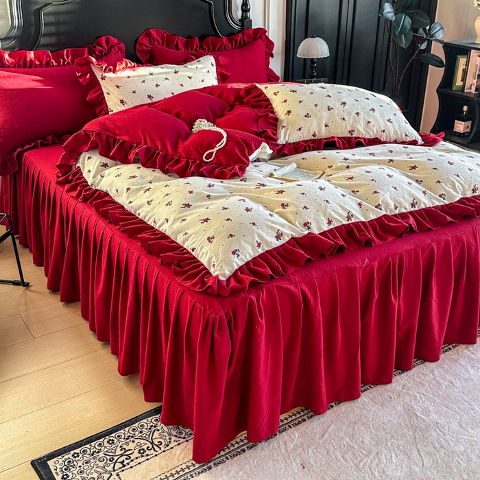 91家纺网 家纺一手货源 找家纺 （总）贝凯瑞 2026仿棉皱皱纱双层纱木棉仿棉水洗棉喜庆浪漫大红四件套-红韵