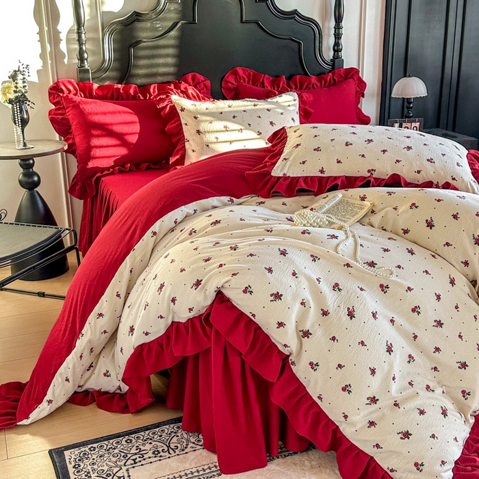 91家纺网 家纺一手货源 找家纺 （总）贝凯瑞 2026仿棉皱皱纱双层纱木棉仿棉水洗棉喜庆浪漫大红四件套-红韵