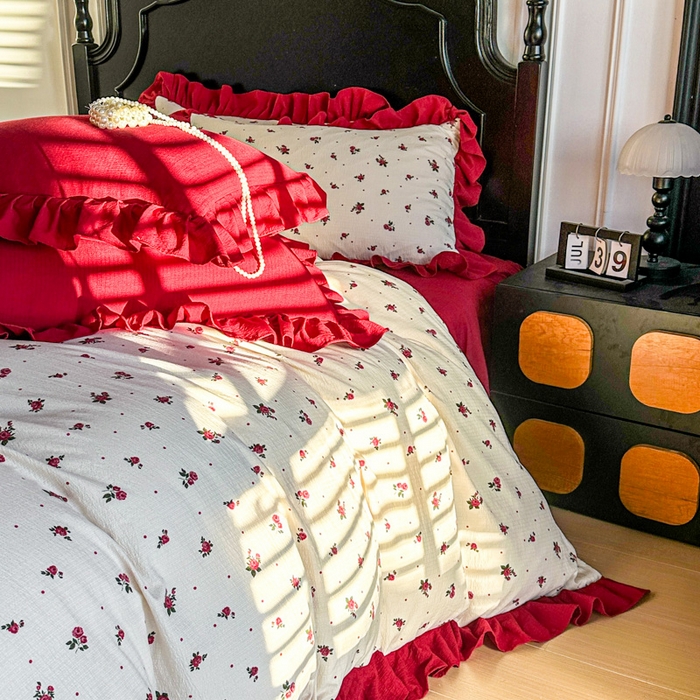 91家纺网 家纺一手货源 找家纺 （总）贝凯瑞 2026仿棉皱皱纱双层纱木棉仿棉水洗棉喜庆浪漫大红四件套-红韵