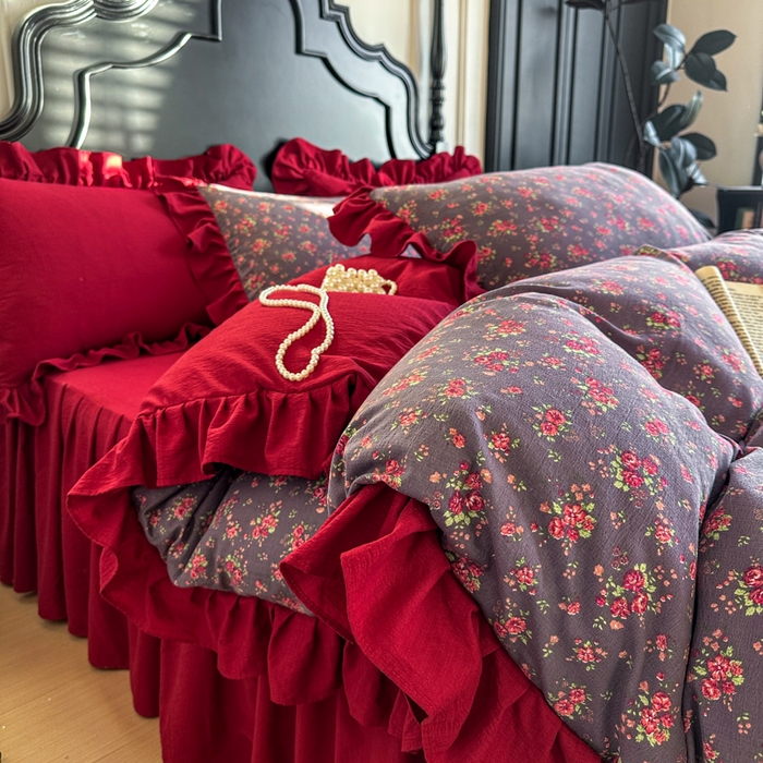 91家纺网 家纺一手货源 找家纺 （总）贝凯瑞 2026仿棉皱皱纱双层纱木棉仿棉水洗棉喜庆浪漫大红四件套-红韵