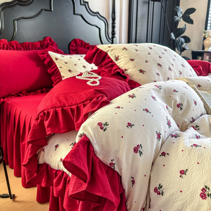 贝凯瑞 2026仿棉皱皱纱双层纱木棉仿棉水洗棉喜庆浪漫大红四件套-红韵 红韵佳期