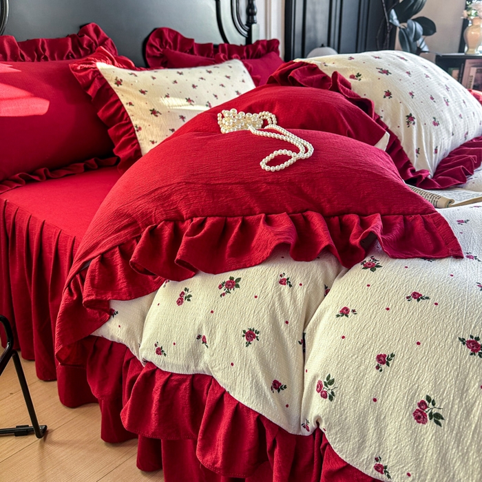 91家纺网 家纺一手货源 找家纺 贝凯瑞 2026仿棉皱皱纱双层纱木棉仿棉水洗棉喜庆浪漫大红四件套-红韵 红韵佳期