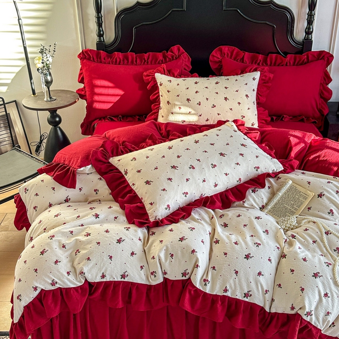 91家纺网 家纺一手货源 找家纺 贝凯瑞 2026仿棉皱皱纱双层纱木棉仿棉水洗棉喜庆浪漫大红四件套-红韵 红韵佳期