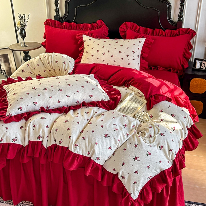 91家纺网 家纺一手货源 找家纺 贝凯瑞 2026仿棉皱皱纱双层纱木棉仿棉水洗棉喜庆浪漫大红四件套-红韵 红韵佳期