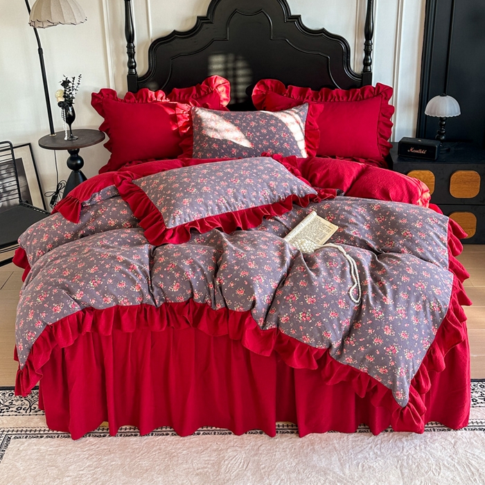 91家纺网 家纺一手货源 找家纺 贝凯瑞 2026仿棉皱皱纱双层纱木棉仿棉水洗棉喜庆浪漫大红四件套-红韵 红韵暖庭