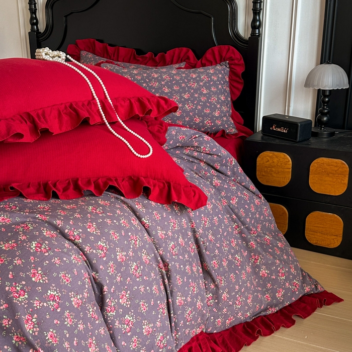 91家纺网 家纺一手货源 找家纺 贝凯瑞 2026仿棉皱皱纱双层纱木棉仿棉水洗棉喜庆浪漫大红四件套-红韵 红韵暖庭