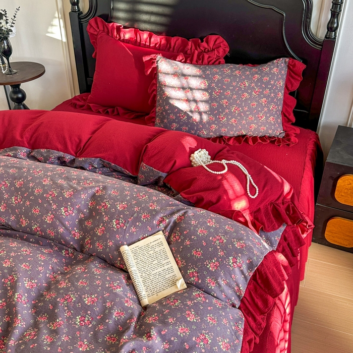 91家纺网 家纺一手货源 找家纺 贝凯瑞 2026仿棉皱皱纱双层纱木棉仿棉水洗棉喜庆浪漫大红四件套-红韵 红韵暖庭