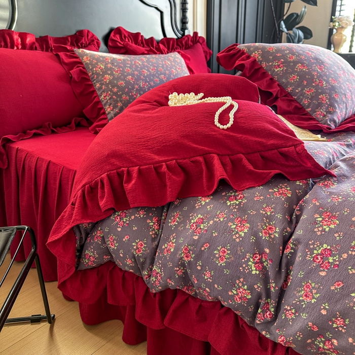 91家纺网 家纺一手货源 找家纺 贝凯瑞 2026仿棉皱皱纱双层纱木棉仿棉水洗棉喜庆浪漫大红四件套-红韵 红韵暖庭