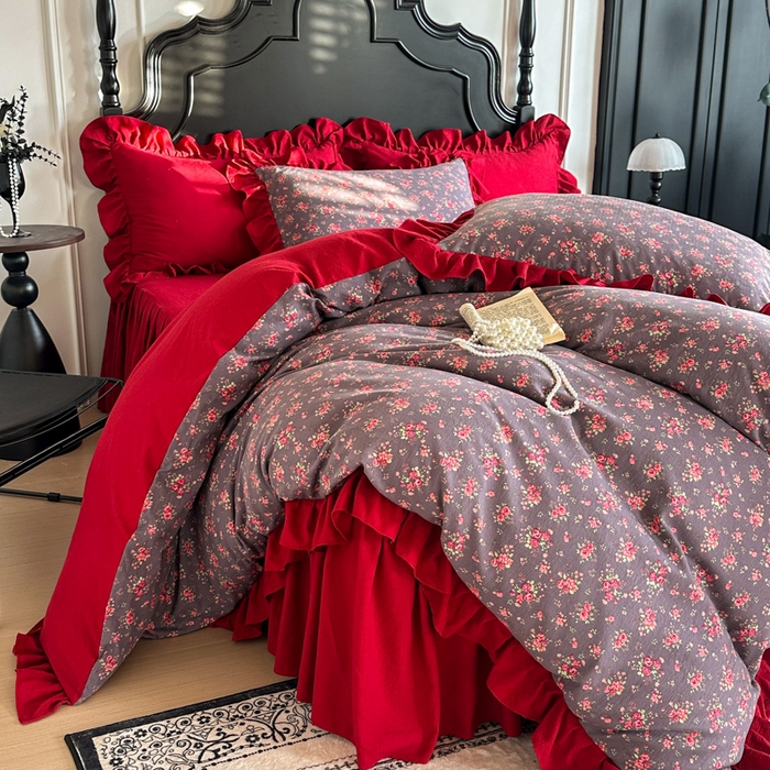 91家纺网 家纺一手货源 找家纺 贝凯瑞 2026仿棉皱皱纱双层纱木棉仿棉水洗棉喜庆浪漫大红四件套-红韵 红韵暖庭