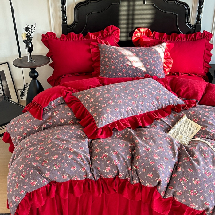 91家纺网 家纺一手货源 找家纺 贝凯瑞 2026仿棉皱皱纱双层纱木棉仿棉水洗棉喜庆浪漫大红四件套-红韵 红韵暖庭