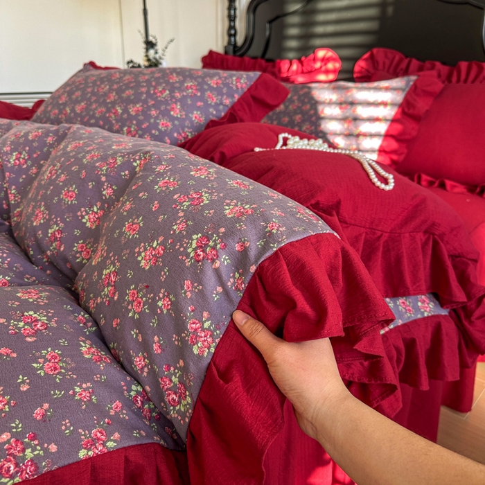 91家纺网 家纺一手货源 找家纺 贝凯瑞 2026仿棉皱皱纱双层纱木棉仿棉水洗棉喜庆浪漫大红四件套-红韵 红韵暖庭