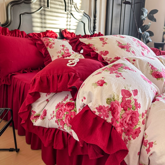 贝凯瑞 2026仿棉皱皱纱双层纱木棉仿棉水洗棉喜庆浪漫大红四件套-红韵 红韵绮梦