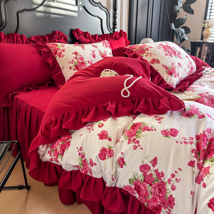 91家纺网 家纺一手货源 找家纺 贝凯瑞 2026仿棉皱皱纱双层纱木棉仿棉水洗棉喜庆浪漫大红四件套-红韵 红韵绮梦