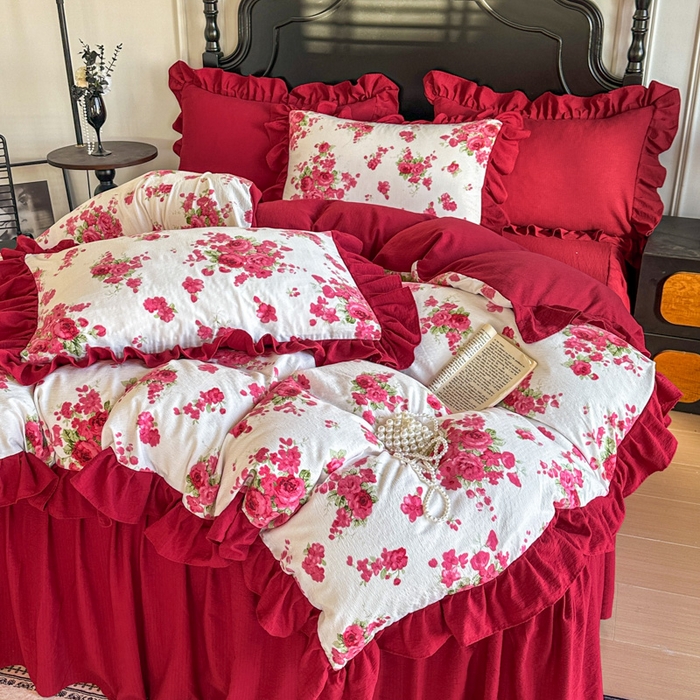 91家纺网 家纺一手货源 找家纺 贝凯瑞 2026仿棉皱皱纱双层纱木棉仿棉水洗棉喜庆浪漫大红四件套-红韵 红韵绮梦