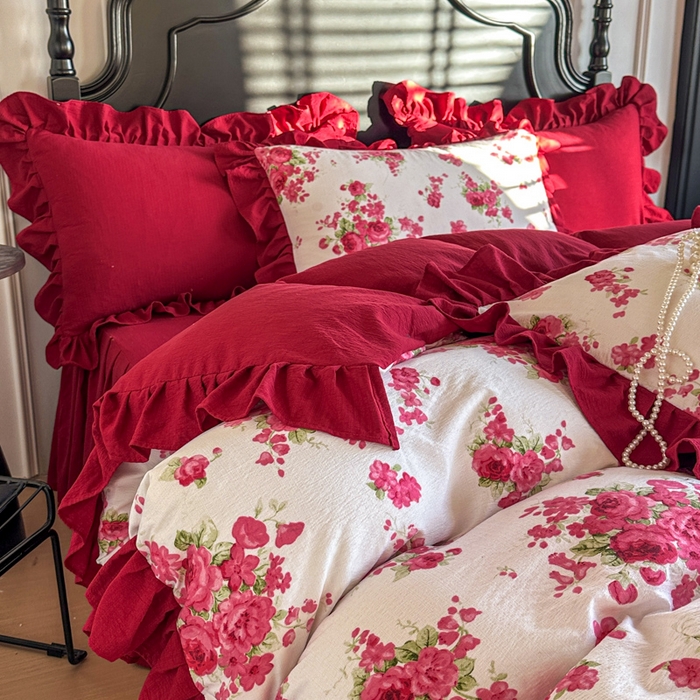 91家纺网 家纺一手货源 找家纺 贝凯瑞 2026仿棉皱皱纱双层纱木棉仿棉水洗棉喜庆浪漫大红四件套-红韵 红韵绮梦