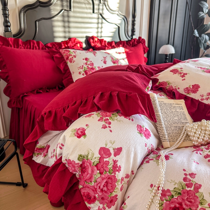 91家纺网 家纺一手货源 找家纺 贝凯瑞 2026仿棉皱皱纱双层纱木棉仿棉水洗棉喜庆浪漫大红四件套-红韵 红韵绮梦