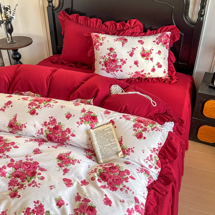 91家纺网 家纺一手货源 找家纺 贝凯瑞 2026仿棉皱皱纱双层纱木棉仿棉水洗棉喜庆浪漫大红四件套-红韵 红韵绮梦