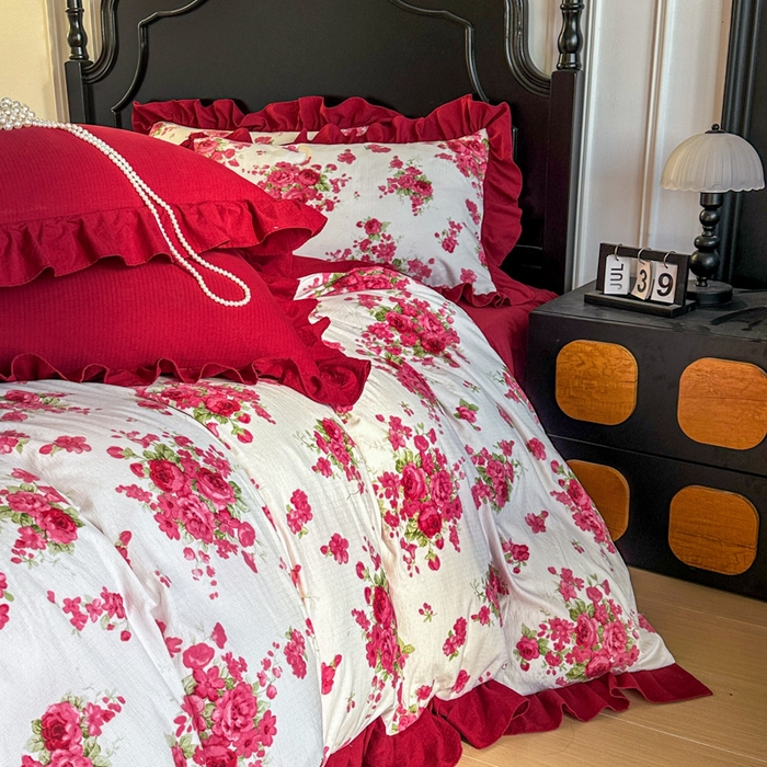 91家纺网 家纺一手货源 找家纺 贝凯瑞 2026仿棉皱皱纱双层纱木棉仿棉水洗棉喜庆浪漫大红四件套-红韵 红韵绮梦