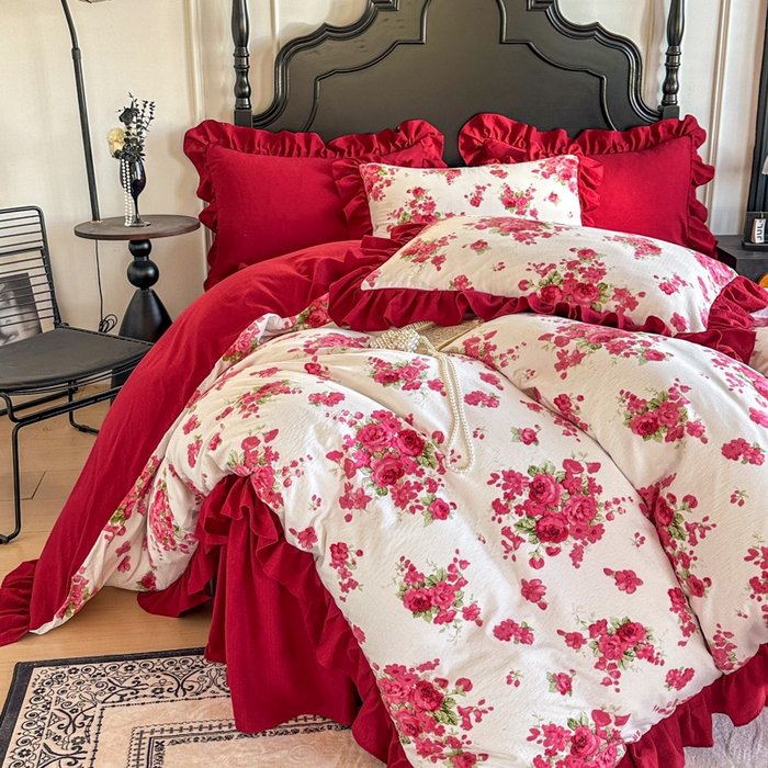 91家纺网 家纺一手货源 找家纺 贝凯瑞 2026仿棉皱皱纱双层纱木棉仿棉水洗棉喜庆浪漫大红四件套-红韵 红韵绮梦