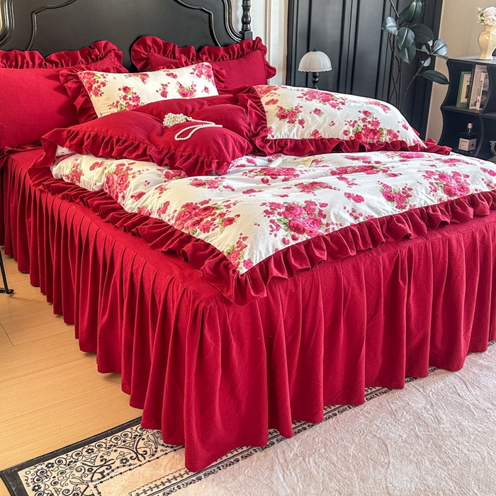 91家纺网 家纺一手货源 找家纺 贝凯瑞 2026仿棉皱皱纱双层纱木棉仿棉水洗棉喜庆浪漫大红四件套-红韵 红韵绮梦