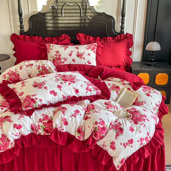 91家纺网 家纺一手货源 找家纺 贝凯瑞 2026仿棉皱皱纱双层纱木棉仿棉水洗棉喜庆浪漫大红四件套-红韵 红韵绮梦