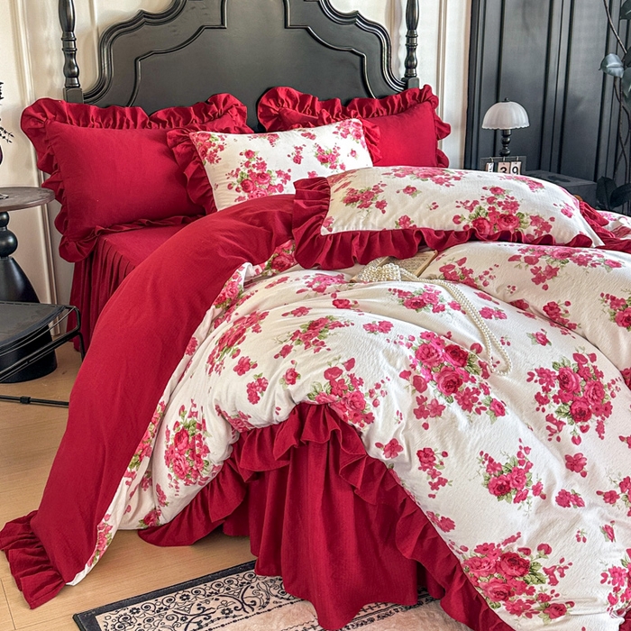 91家纺网 家纺一手货源 找家纺 贝凯瑞 2026仿棉皱皱纱双层纱木棉仿棉水洗棉喜庆浪漫大红四件套-红韵 红韵绮梦