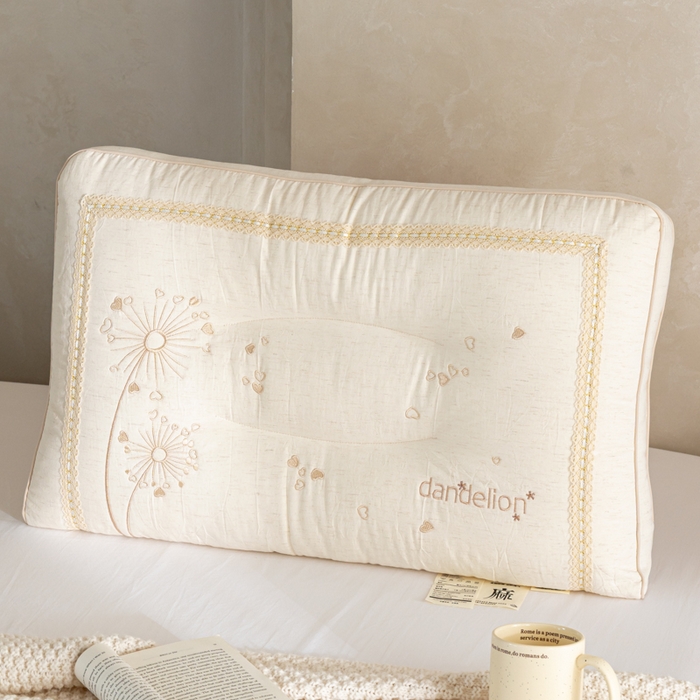 91家纺网 家纺一手货源 找家纺 （总）昕科 2026新款亚麻蒲公英枕-棉麻枕芯刺绣亚麻枕头