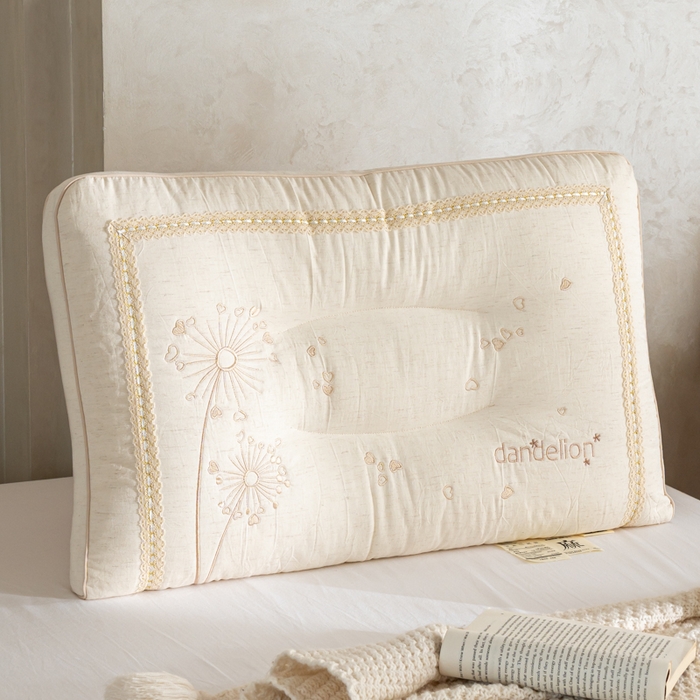 91家纺网 家纺一手货源 找家纺 昕科 2026新款亚麻蒲公英枕-棉麻枕芯刺绣亚麻枕头 亚麻蒲公英枕/一只装