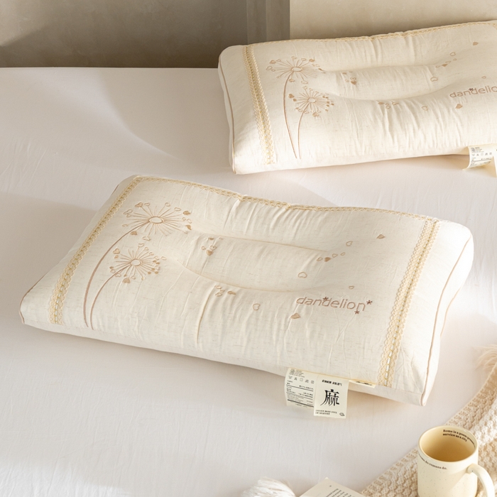 91家纺网 家纺一手货源 找家纺 昕科 2026新款亚麻蒲公英枕-棉麻枕芯刺绣亚麻枕头 亚麻蒲公英枕/一对装