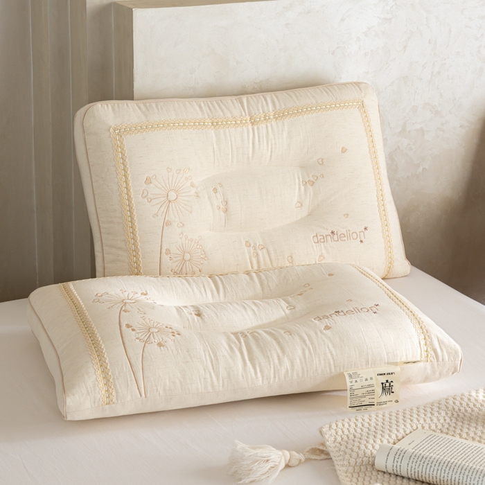 91家纺网 家纺一手货源 找家纺 昕科 2026新款亚麻蒲公英枕-棉麻枕芯刺绣亚麻枕头 亚麻蒲公英枕/一只装