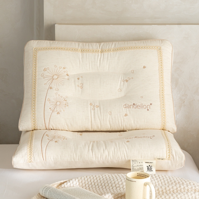 91家纺网 家纺一手货源 找家纺 昕科 2026新款亚麻蒲公英枕-棉麻枕芯刺绣亚麻枕头 亚麻蒲公英枕/一只装