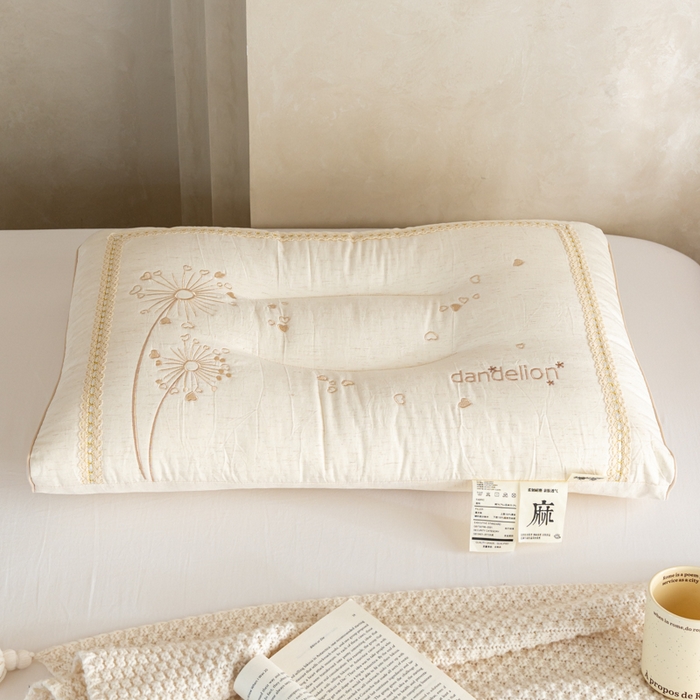 91家纺网 家纺一手货源 找家纺 昕科 2026新款亚麻蒲公英枕-棉麻枕芯刺绣亚麻枕头 亚麻蒲公英枕/一对装