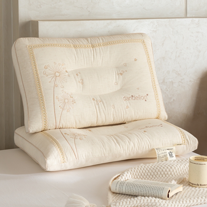 昕科 2026新款亚麻蒲公英枕-棉麻枕芯刺绣亚麻枕头 亚麻蒲公英枕/一对装