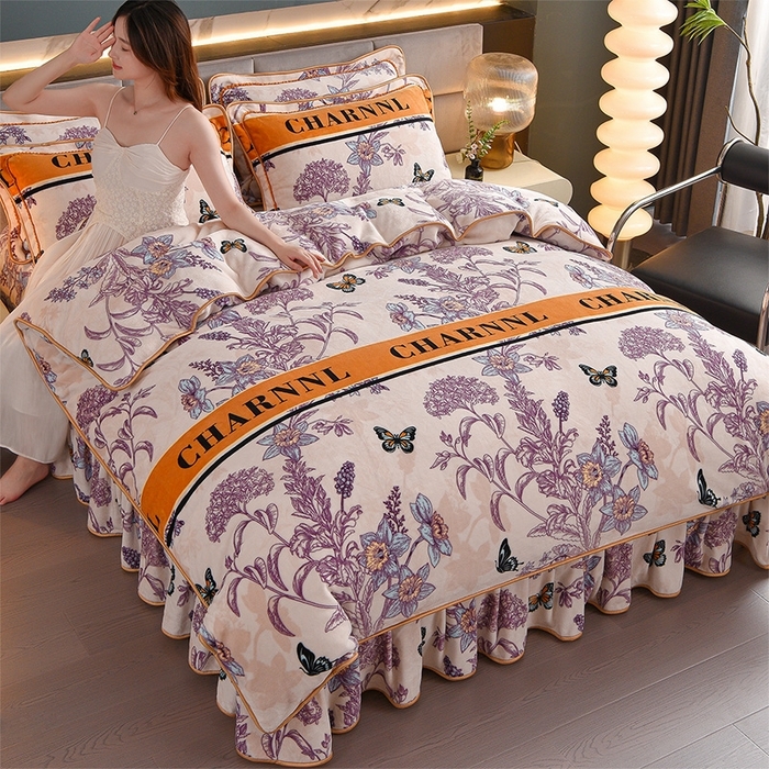 91家纺网 家纺一手货源 找家纺 （总）董成龙家纺 2026新款高克重9-10斤加厚印花超柔牛奶绒爆款法莱绒金貂绒床裙四件套控价