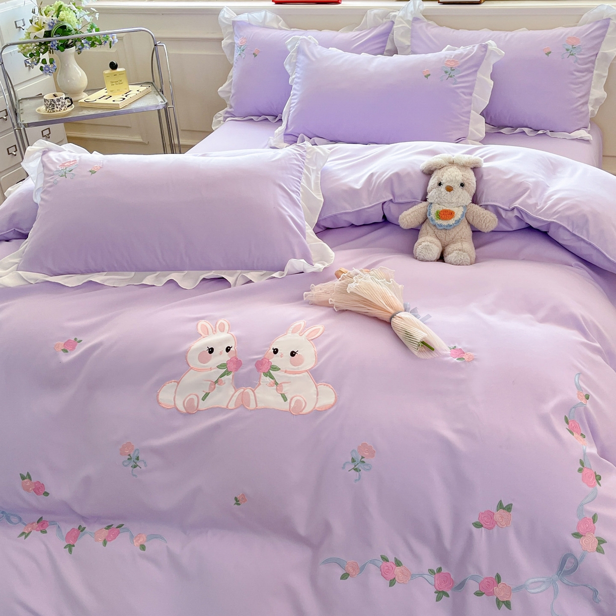 91家纺网 家纺一手货源 找家纺 （总）雨菲家纺 2026新款水洗棉贴布绣公主风荷叶花边四件套-花园兔（专版花型）