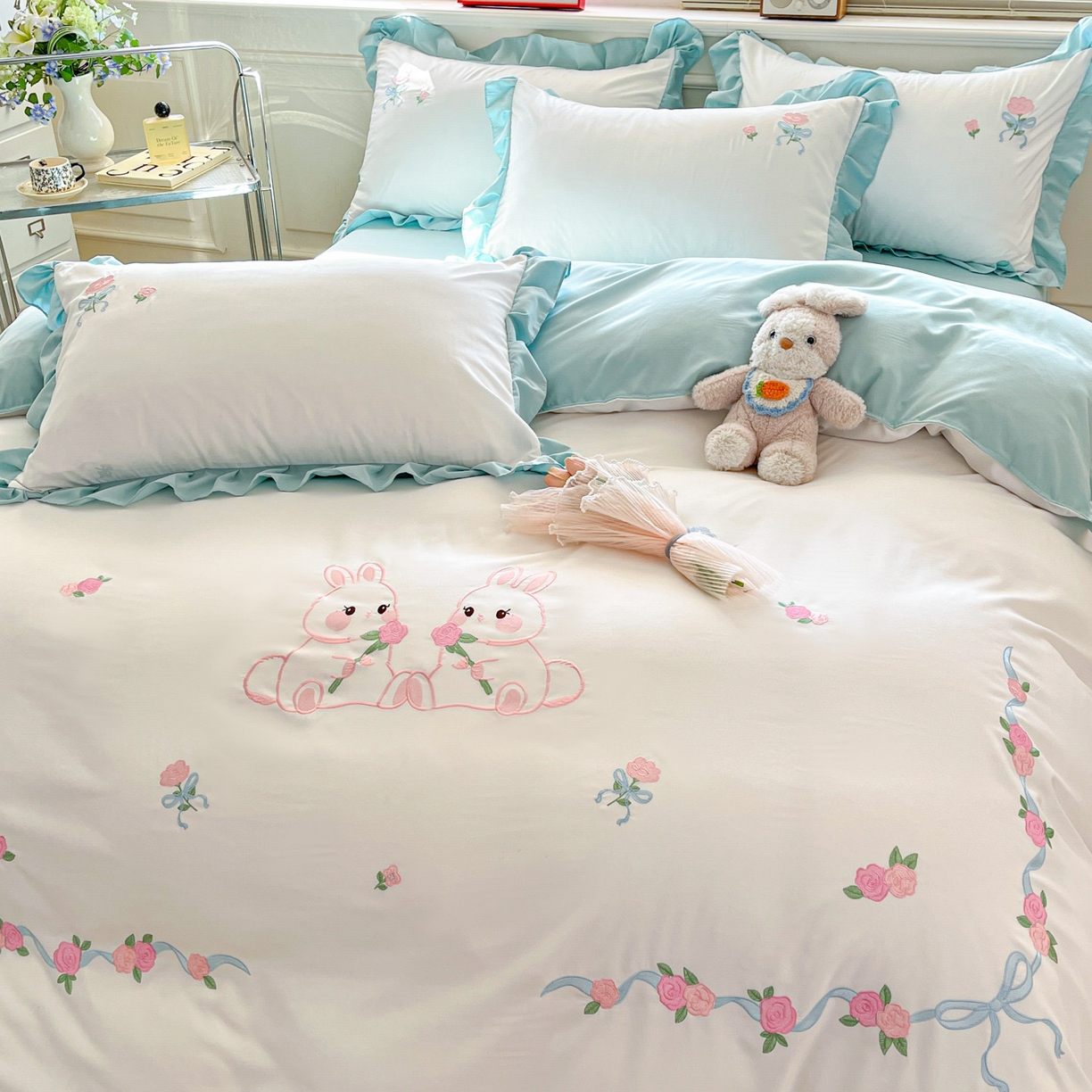 雨菲家纺 2026新款水洗棉贴布绣公主风荷叶花边四件套-花园兔 花园兔白绿