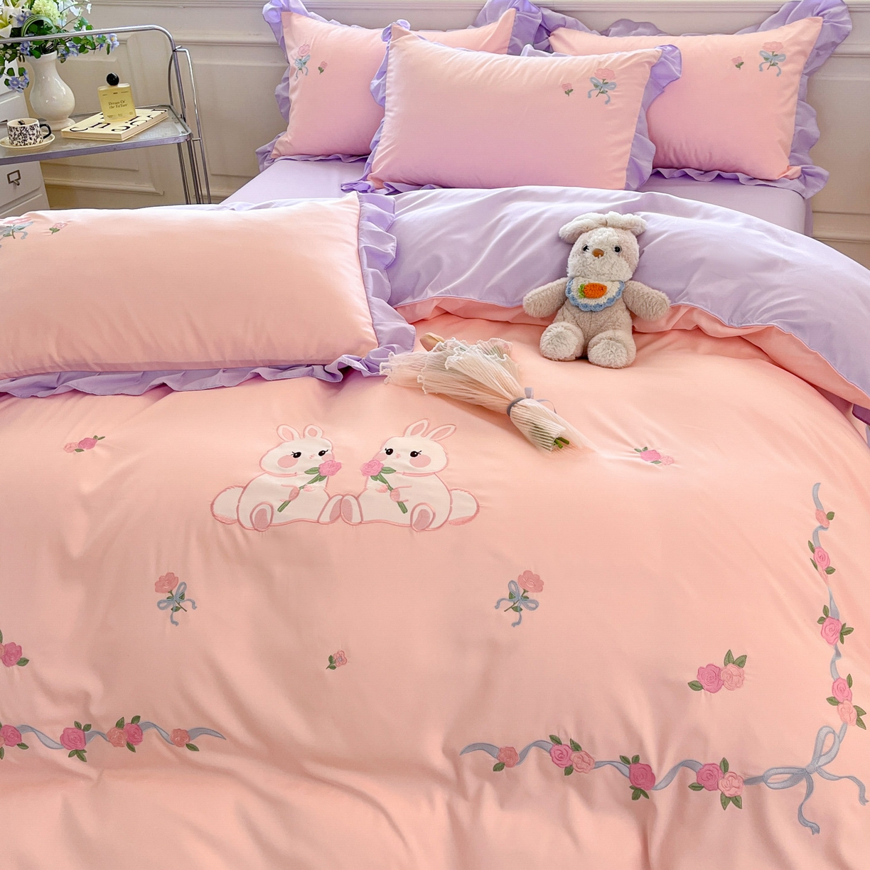 雨菲家纺 2026新款水洗棉贴布绣公主风荷叶花边四件套-花园兔 花园兔粉紫