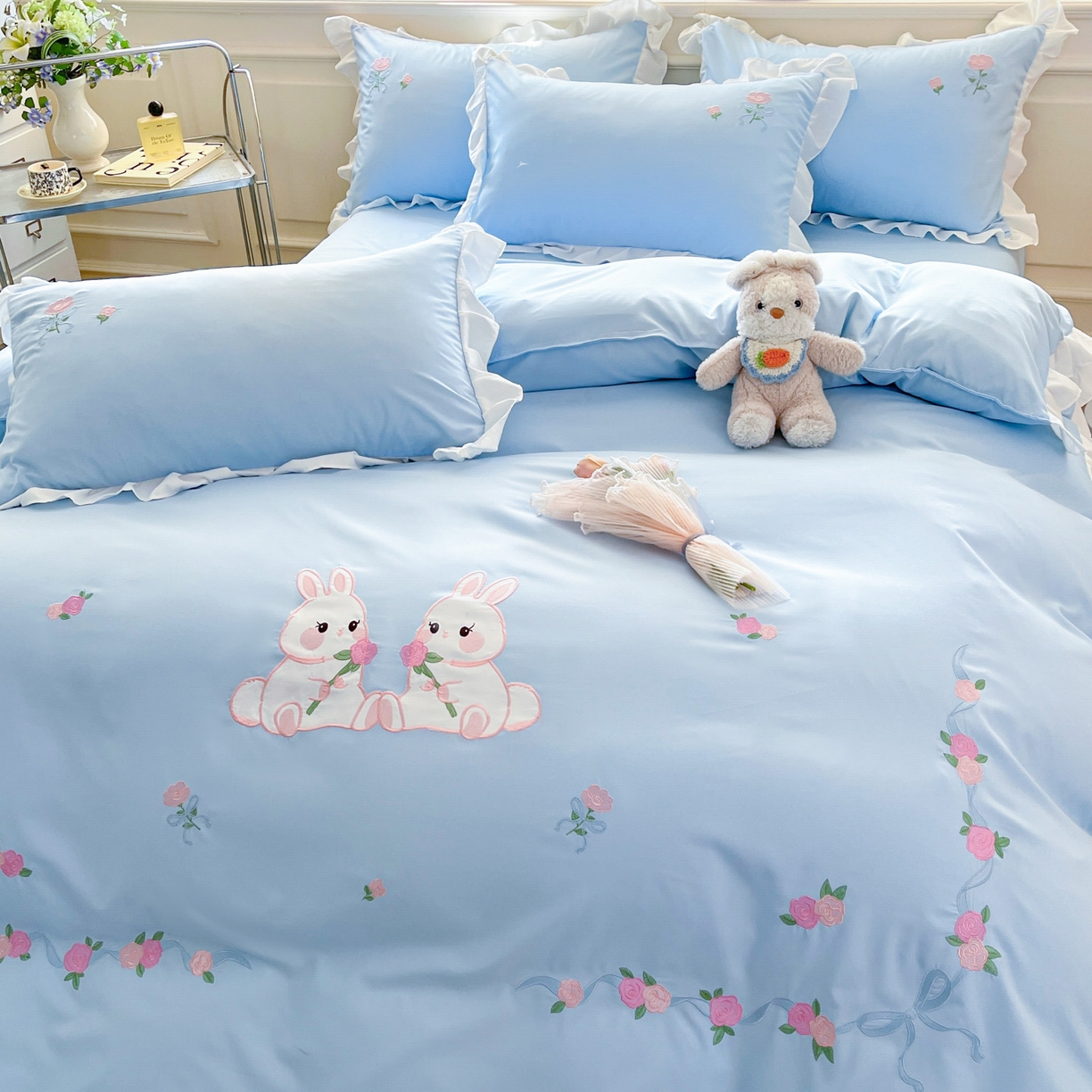 雨菲家纺 2026新款水洗棉贴布绣公主风荷叶花边四件套-花园兔 花园兔浅蓝